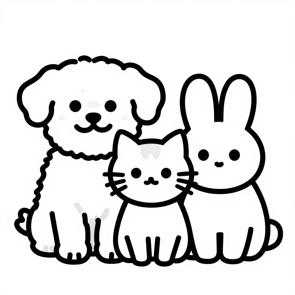 どうぶつなかよし（犬・猫・うさぎ）の塗り絵