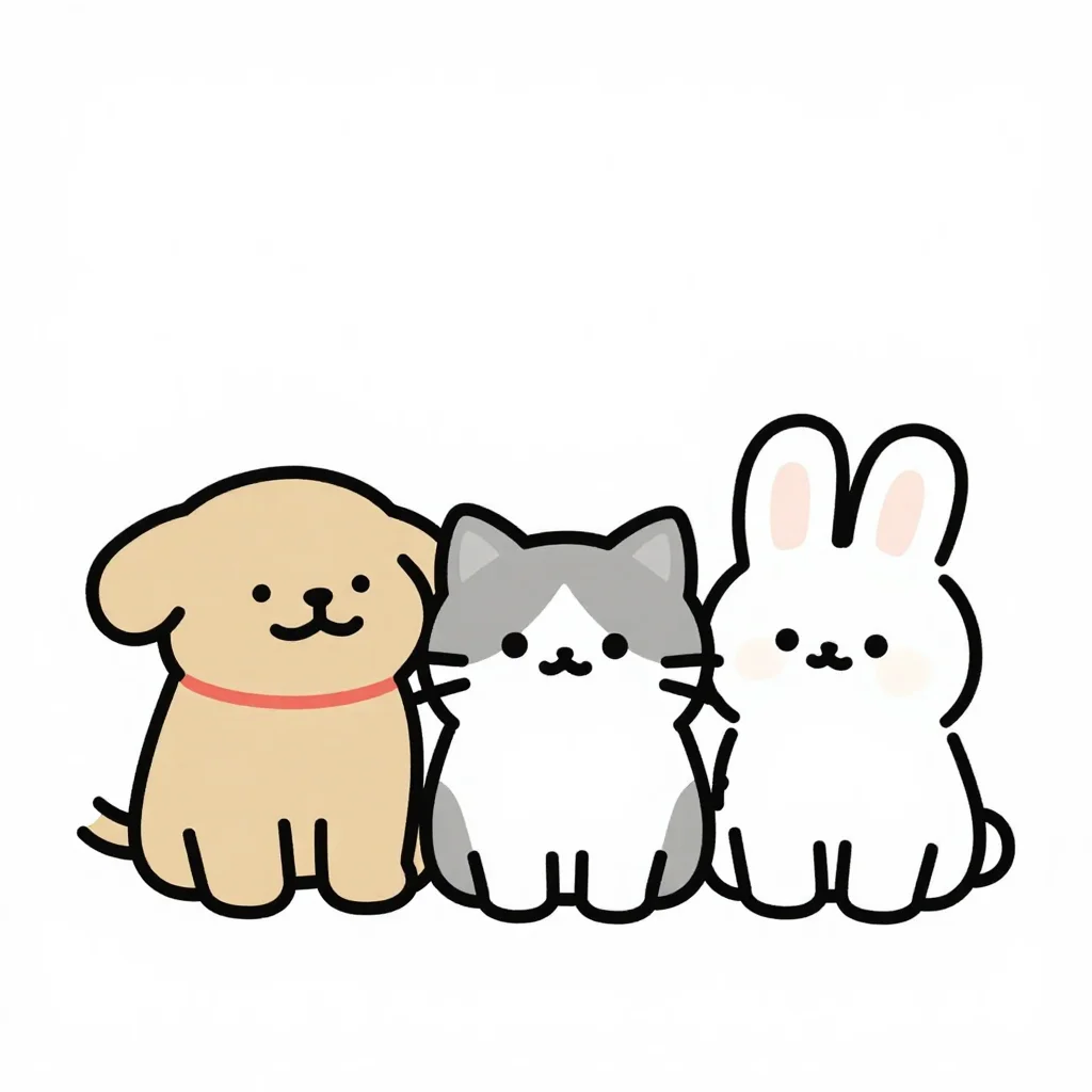 どうぶつなかよし(犬・猫・うさぎ)の塗り絵の見本